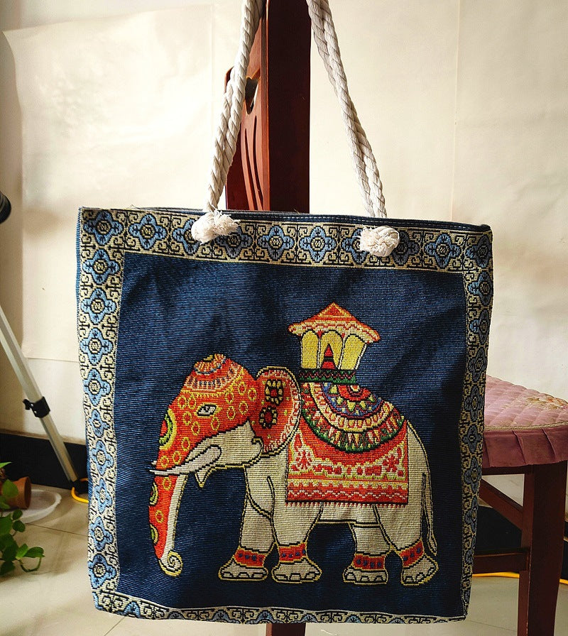 Double-Sided Ethnic Style Embroidery Bag Women'S Live Embroidery Peacock Elephant Canvas Bag