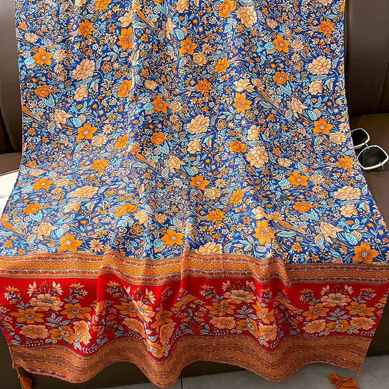 Ethnic Style Spring And Autumn New Blue Cotton Hemp Feel Thin Scarf With Flower Splice Fragmented Flower Retro Versatile Shawl