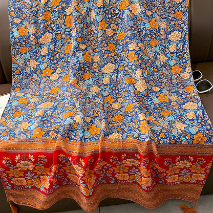 Ethnic Style Spring And Autumn New Blue Cotton Hemp Feel Thin Scarf With Flower Splice Fragmented Flower Retro Versatile Shawl