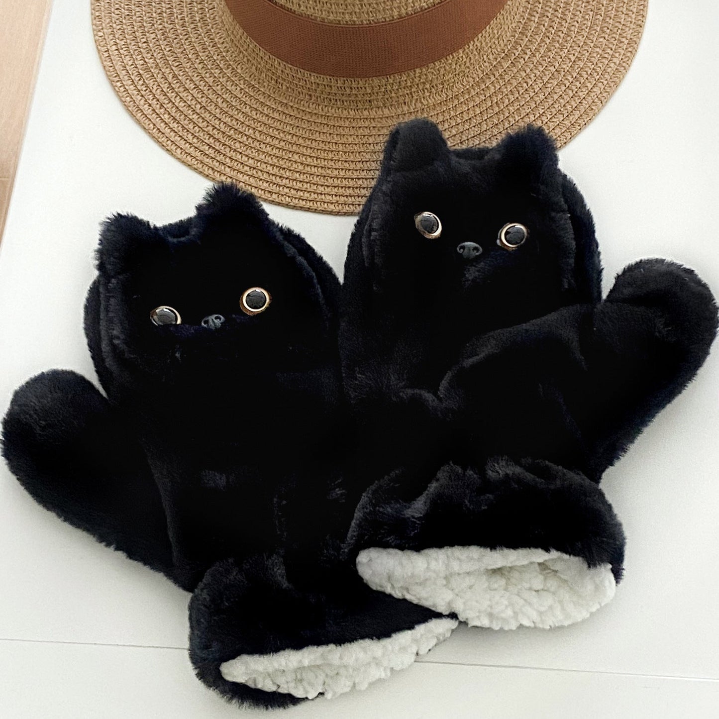 Black Cat Plush Gloves Cute Winter Warmth for Students
