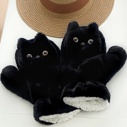 Black Cat Plush Gloves Cute Winter Warmth for Students