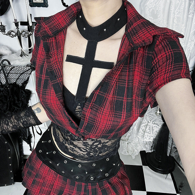 Dark Red Plaid Short Sleeve Top Comfortable Casual Style
