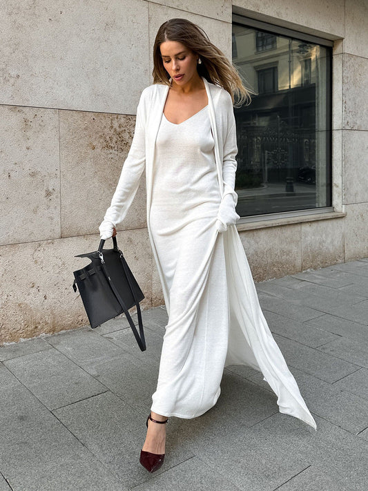 Knitted Long Sleeve Cardigan And Cami Dress Set Soft Casual Outfit