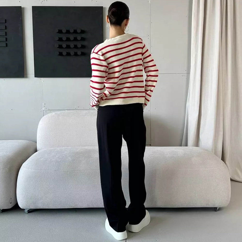 Round Neck Striped Long Sleeve Knit Cardigan
