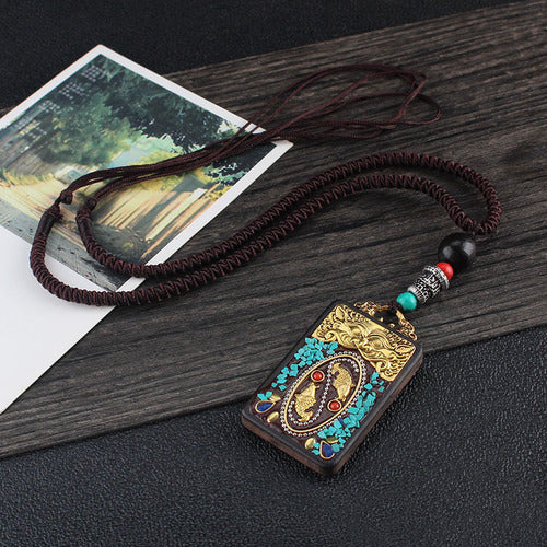 Vintage Nepal Thangka God Of Wealth Buddha Elephant God Ebony Pendant Necklace Exotic Sweater Chain