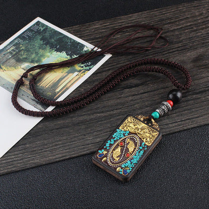 Vintage Nepal Thangka God Of Wealth Buddha Elephant God Ebony Pendant Necklace Exotic Sweater Chain