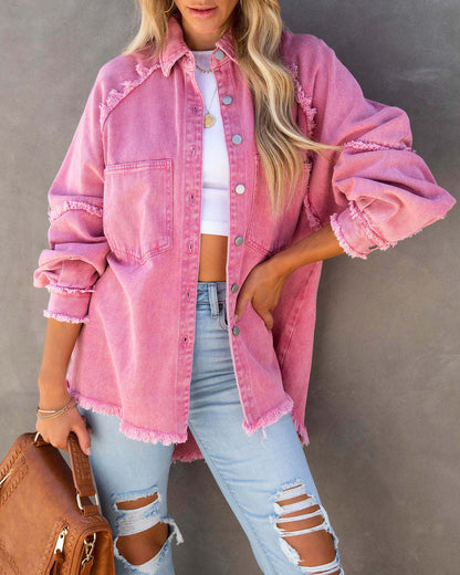 Washed Denim Fringe Jacket Chic Casual Oversized