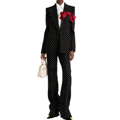 Polka Dot Blazer And Trousers Set With Bow Decoration