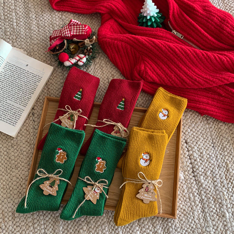 Winter Cartoon Embroidered Soft Christmas Crew Socks