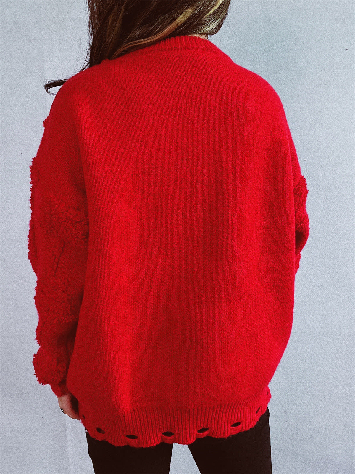 Solid Color Crew Neck Pearl Christmas Sweater