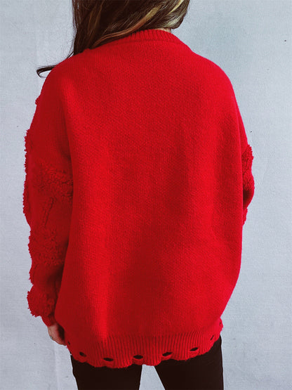 Solid Color Crew Neck Pearl Christmas Sweater