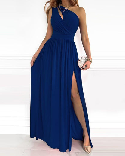 Women'S Oblique Shoulder Hollowed Out Temperament Commuter Gradient High Split Dress