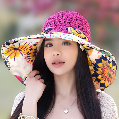 Hat Women'S New National Style Big Eaves Sun Protection Hat Uv Fisherman Hat Straw Hat