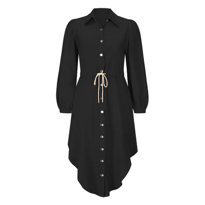 Long-Sleeved Temperament Shirt Mid-Length Tie-Up Waist Dress