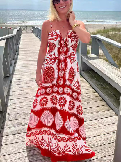 Elegant Floral Print Polyester Maxi Dress with V-Neck