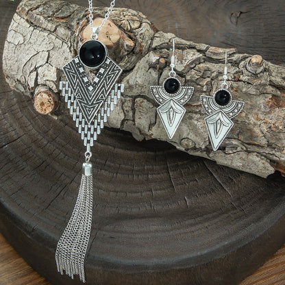 Retro Ethnic Long Pendant Necklace and Earring Set with Turquoise Accents