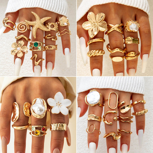Floral Design Liquid Lava Opening Ring Set Fashionable Casual Jewelry