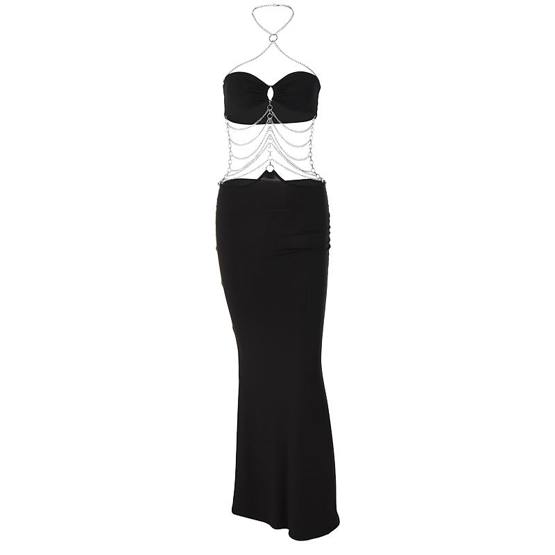 Metal Chain Strap Chest Wrap Dress Elegant Casual