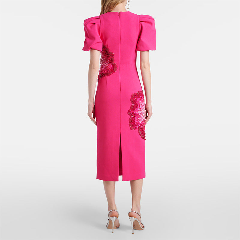 Trendy Beaded Flower Short Sleeve Dress