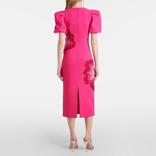 Trendy Beaded Flower Short Sleeve Dress