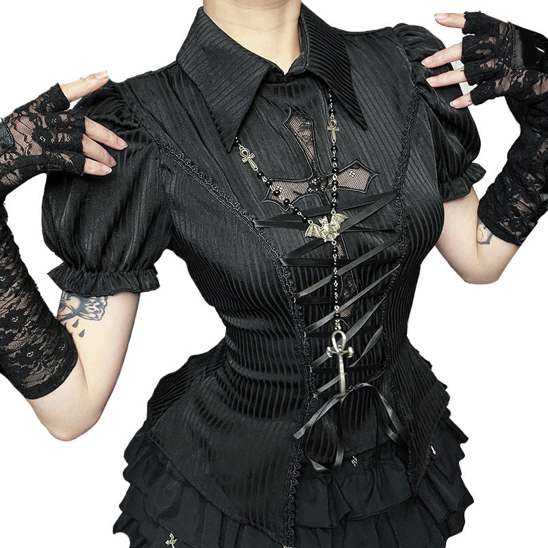 Gothic Lace Cross Lolita Shirt Elegant Short Sleeve
