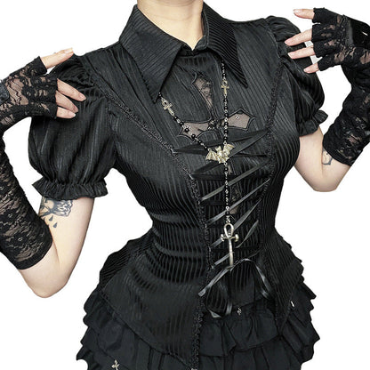 Gothic Lace Cross Lolita Shirt Elegant Short Sleeve