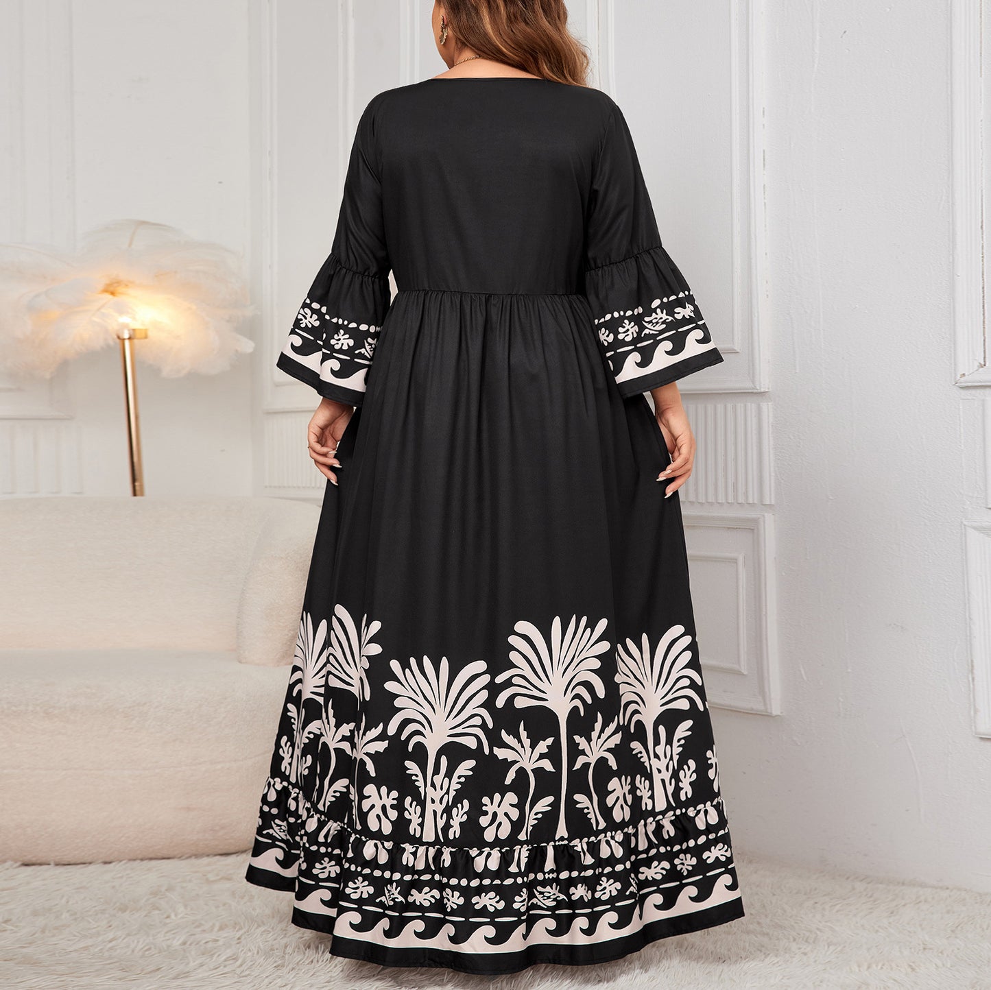 V-Neck Floral Long Dress with Flared Sleeves