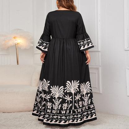 V-Neck Floral Long Dress with Flared Sleeves