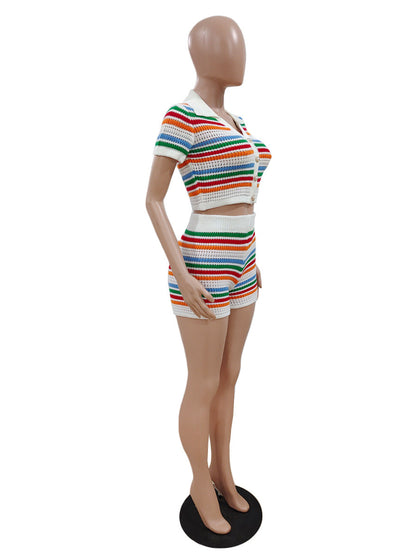 Color Block Top Short Knit Set