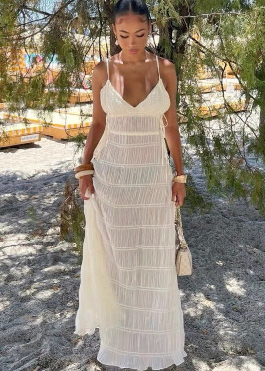 Pleated Spaghetti Strap Maxi Dress In White