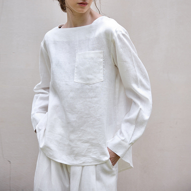 Loose Fit One-Shoulder Long Sleeve Linen Top for Women
