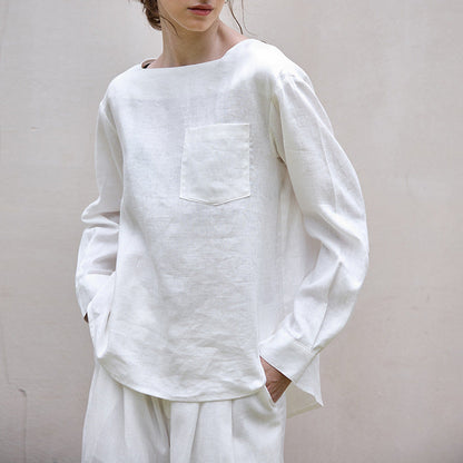 Loose Fit One-Shoulder Long Sleeve Linen Top for Women