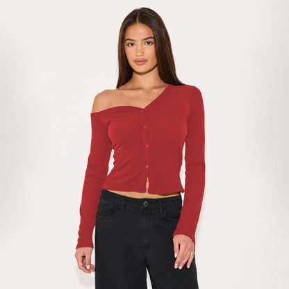 Asymmetrical Neck Long Sleeve Button Knit Cardigan T-Shirt