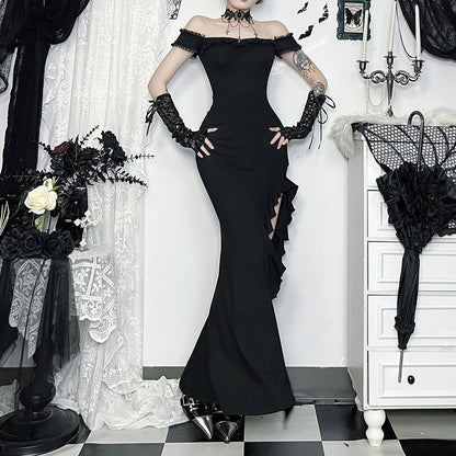 Gothic Lace Off-Shoulder High Slit Maxi Dress