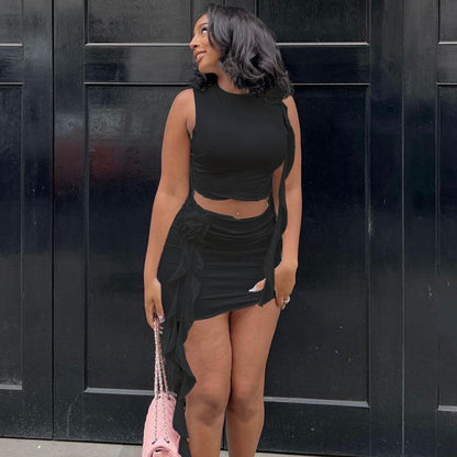 Trendy Solid Color Crop Top And Skirt Set