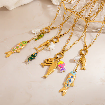 Stylish Fish Pendant Stainless Steel Necklace with 18K Gold Plating
