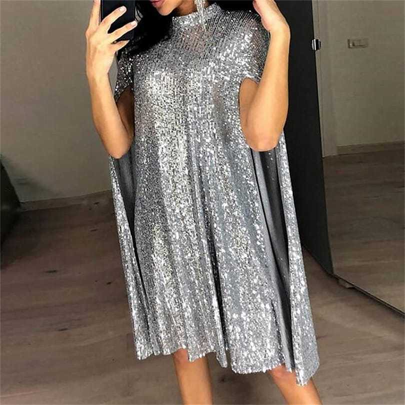 Sequin Long Sleeve Cape Dress with Stand Collar for Women