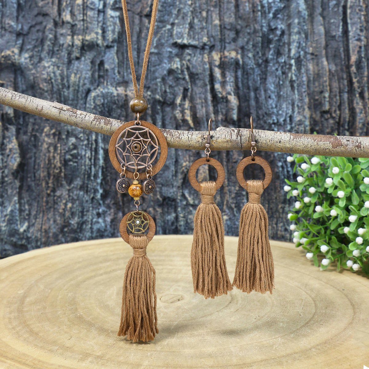 Bohemian Dreamcatcher Tassel Earrings and Wooden Necklace Set