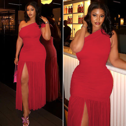 Asymmetrical Ruffled Waist Maxi Dress With One Shoulder Design
