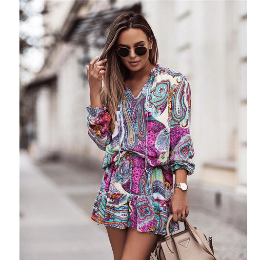 Vintage Mid-Rise Print Long Sleeve Short Skirt Temperament Commuter Womenswear