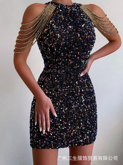 Sleek Crystal Chain Midi Dress With Sequins In Solid Colors
