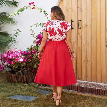 New Floral Print Red A-Line Dress with Ruffled Sleeves