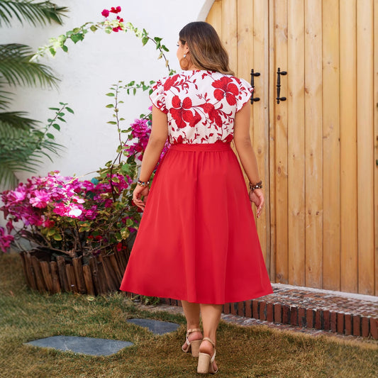 New Floral Print Red A-Line Dress with Ruffled Sleeves