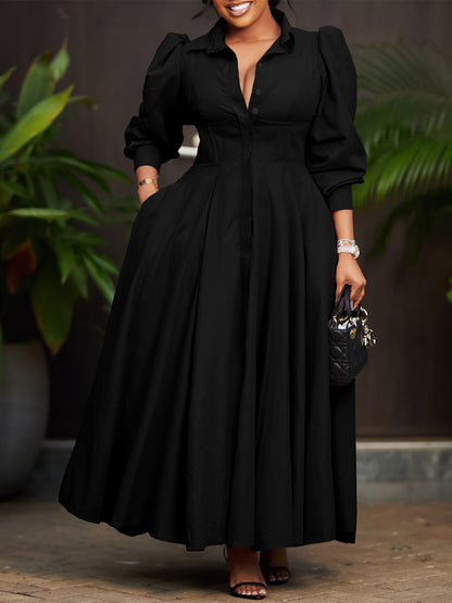 Elegant Long Sleeve Midi Shirt Dress In Solid Colors