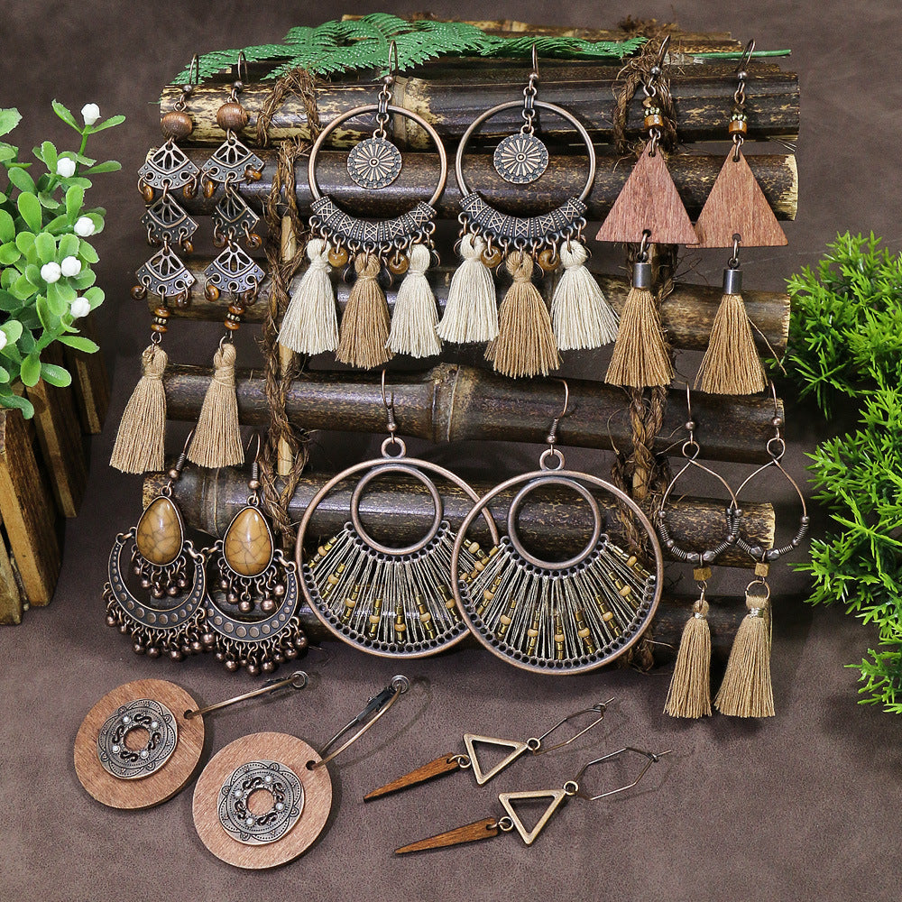 Exaggerated Vintage Geometric Wooden Earrings with Tassel and Bell