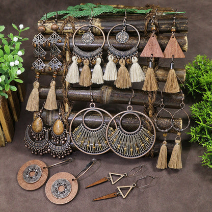 Exaggerated Vintage Geometric Wooden Earrings with Tassel and Bell
