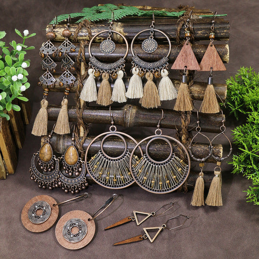 Exaggerated Vintage Geometric Wooden Earrings with Tassel and Bell