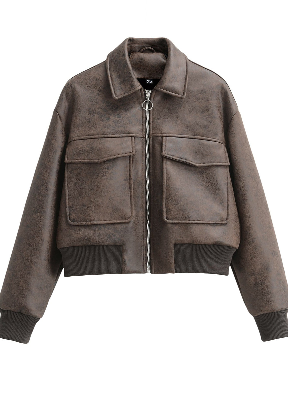 Vintage Faux Leather Bomber Jacket With Oversized Pockets