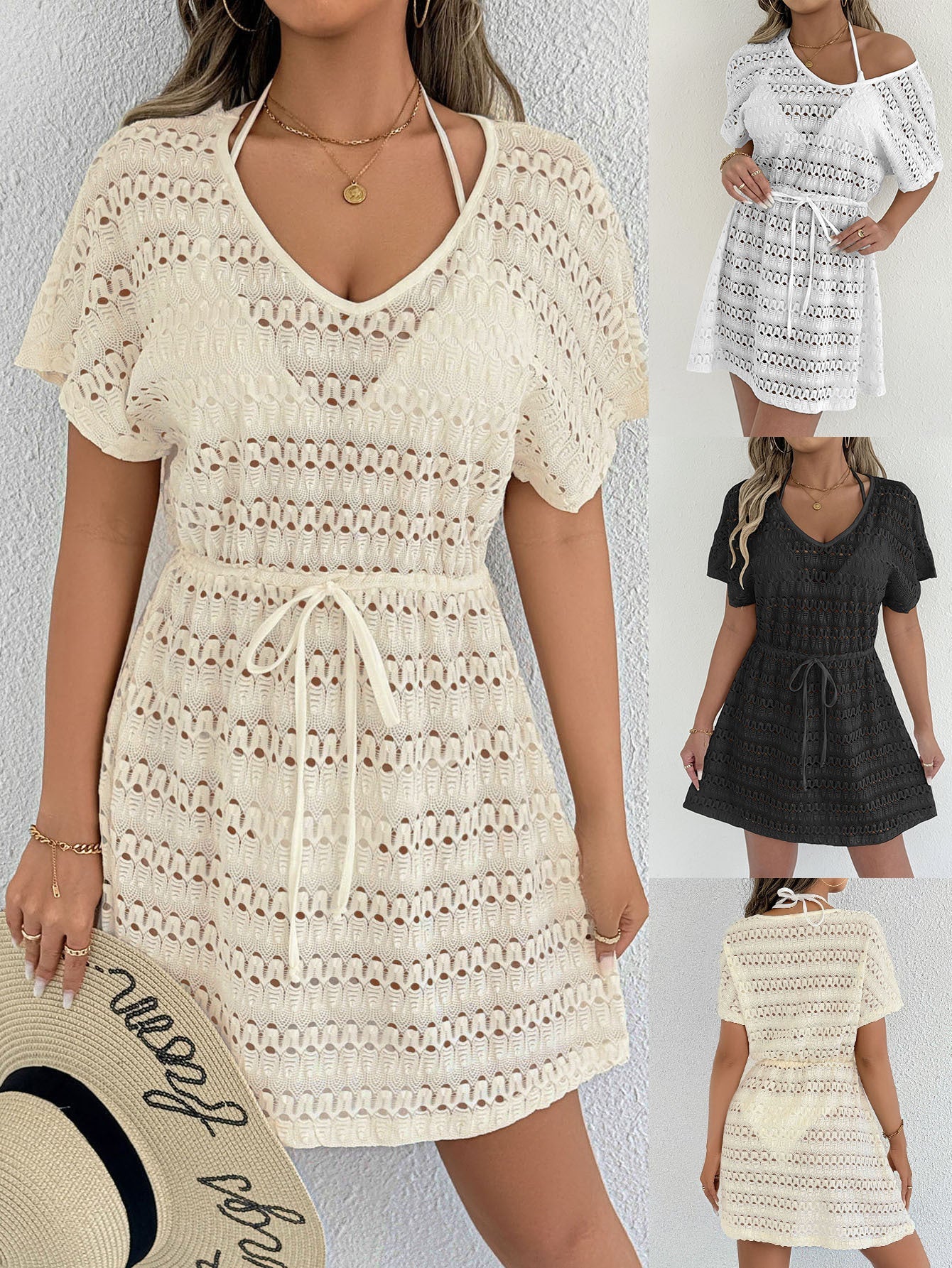 Women'S Sexy Sheer Lace Cover-Up Dress With Bow Tie