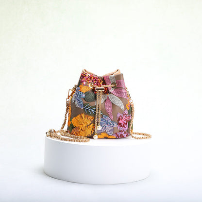 Elegant Floral Embroidered Sequin Mesh Color Block Bucket Bag